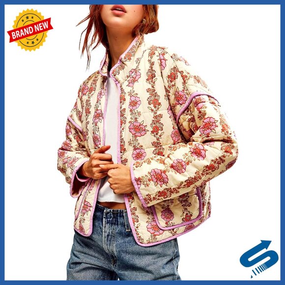 Women's Cropped Quilted Jacket Floral Print Open Front Lightweight Puffer